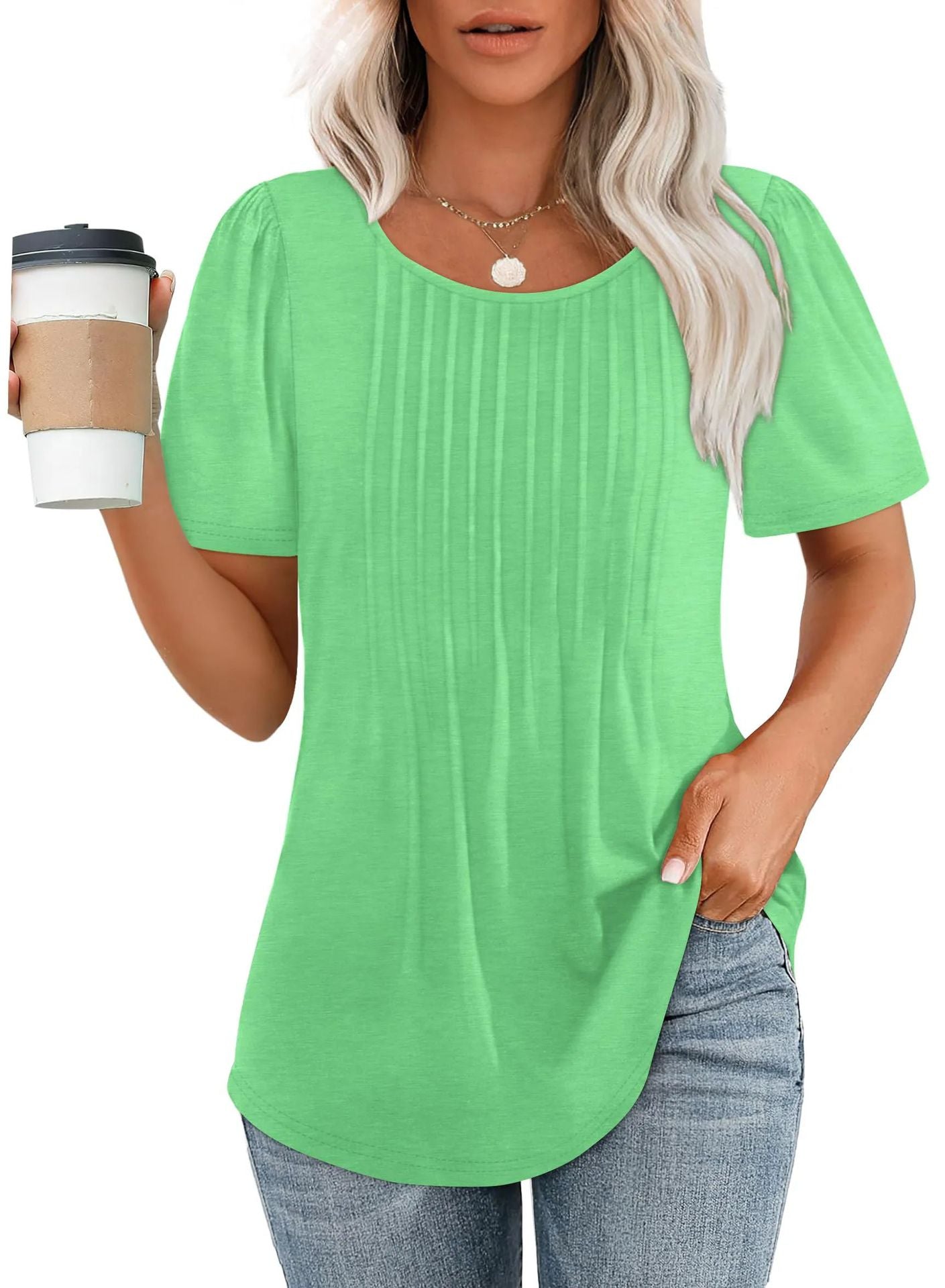 Womens Pleated Round Neck T-Shirt