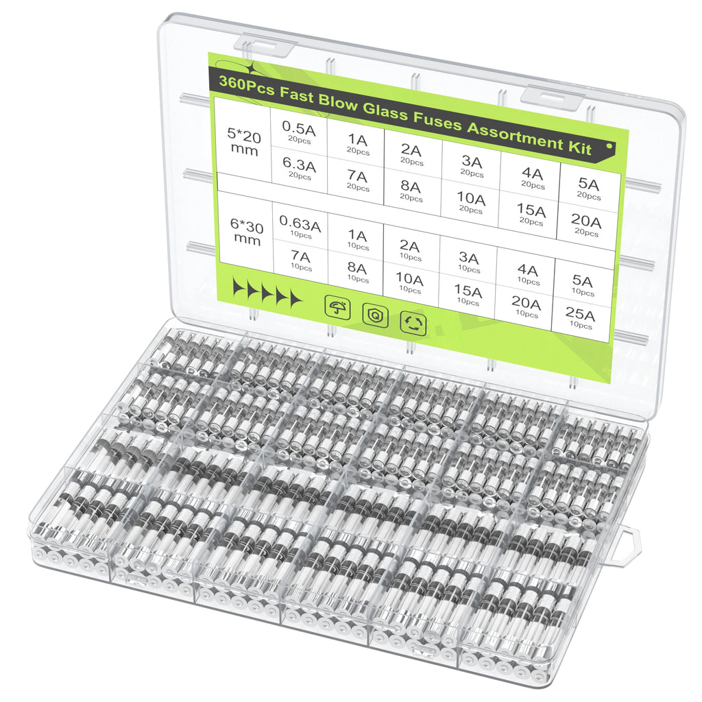 DaierTek 360tlg. Glassicherungssortiment 24 Werte Kfz-Sicherungsset 250V 5x20mm & 6x30mm Glasrohrsicherungen