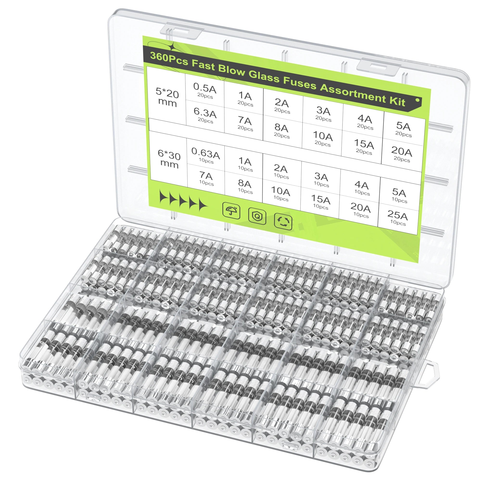 DaierTek 360tlg. Glassicherungssortiment 24 Werte Kfz-Sicherungsset 250V 5x20mm & 6x30mm Glasrohrsicherungen