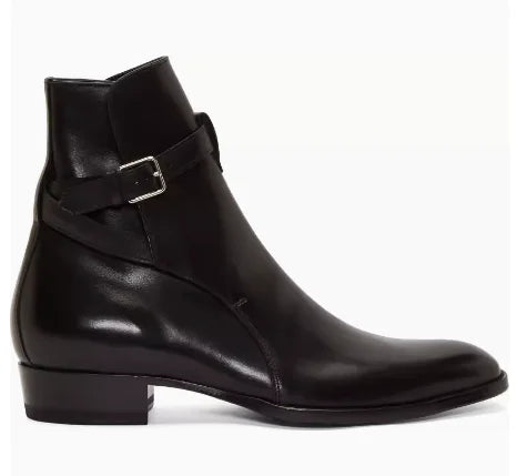 New Brown /Black Suede Leather Shoes Chains Harness Buckle Men Boots Stacked Heel Anke Boots Side Zip Men Fashion Boots Shoes