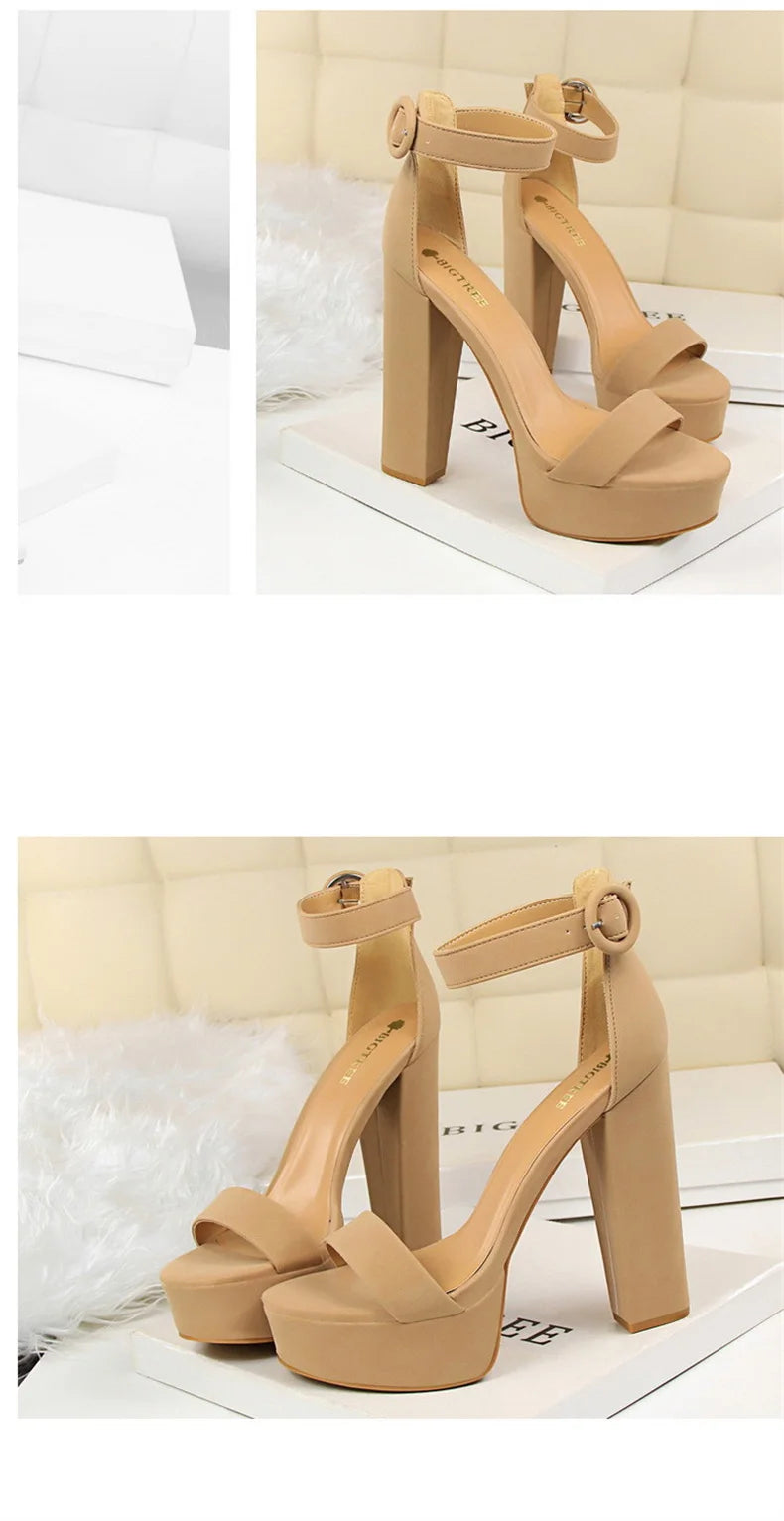 Fashion Women Pumps Sandals Summer Platform Belt Buckle Strap PU Square Heel Outdoor Korean Style Black Open Toe Grace 1550-1