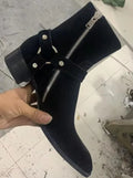 New Brown /Black Suede Leather Shoes Chains Harness Buckle Men Boots Stacked Heel Anke Boots Side Zip Men Fashion Boots Shoes