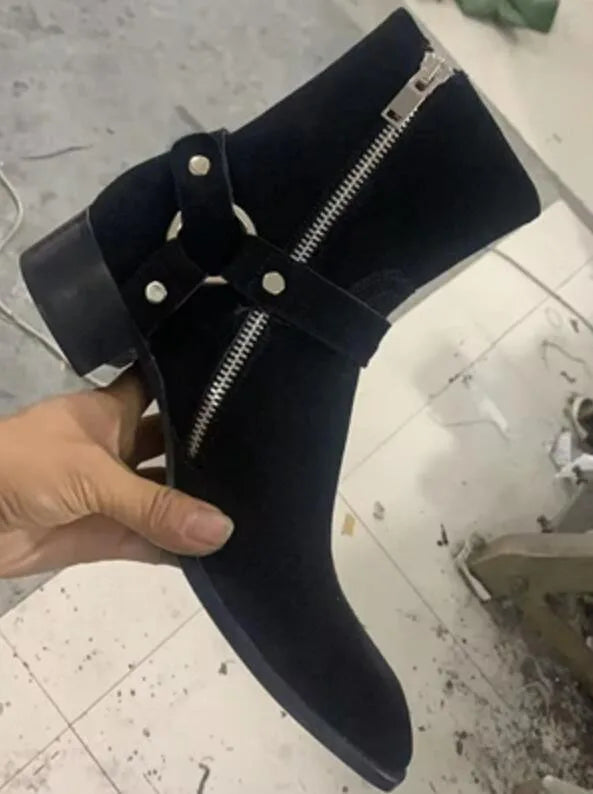 New Brown /Black Suede Leather Shoes Chains Harness Buckle Men Boots Stacked Heel Anke Boots Side Zip Men Fashion Boots Shoes