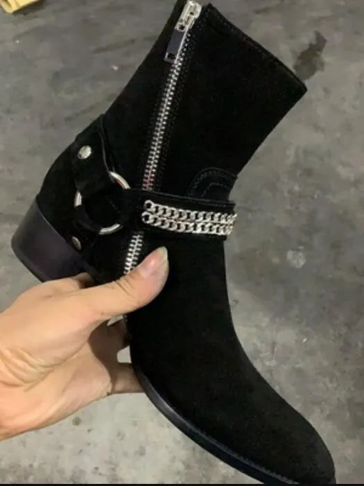 New Brown /Black Suede Leather Shoes Chains Harness Buckle Men Boots Stacked Heel Anke Boots Side Zip Men Fashion Boots Shoes