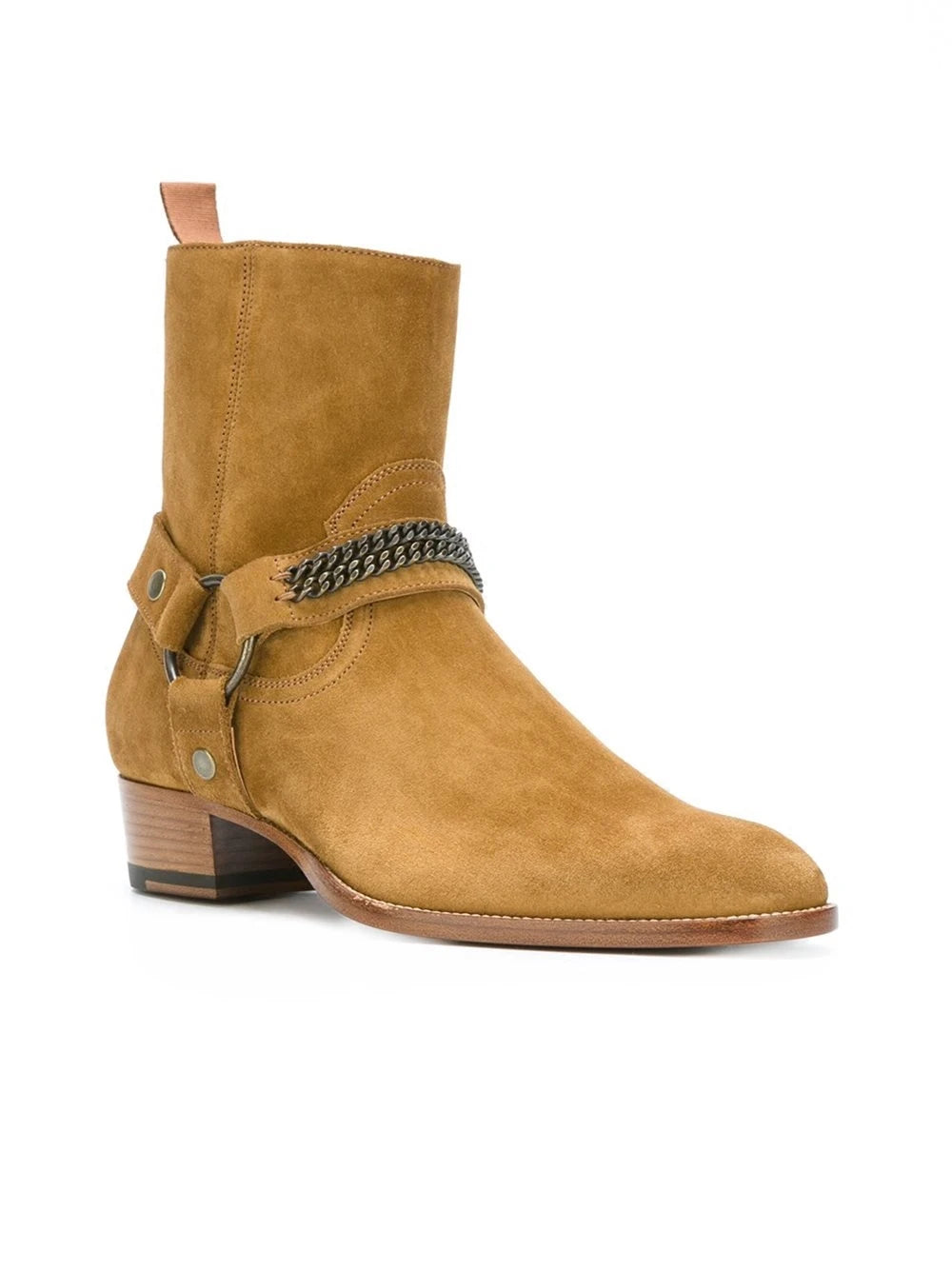 New Brown /Black Suede Leather Shoes Chains Harness Buckle Men Boots Stacked Heel Anke Boots Side Zip Men Fashion Boots Shoes