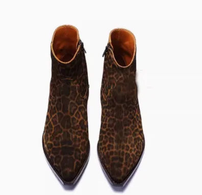 New Brown /Black Suede Leather Shoes Chains Harness Buckle Men Boots Stacked Heel Anke Boots Side Zip Men Fashion Boots Shoes
