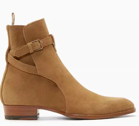 New Brown /Black Suede Leather Shoes Chains Harness Buckle Men Boots Stacked Heel Anke Boots Side Zip Men Fashion Boots Shoes