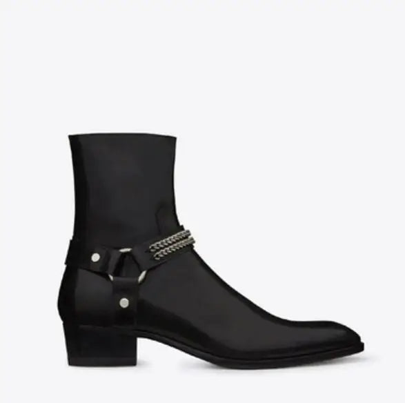 New Brown /Black Suede Leather Shoes Chains Harness Buckle Men Boots Stacked Heel Anke Boots Side Zip Men Fashion Boots Shoes