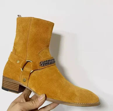 New Brown /Black Suede Leather Shoes Chains Harness Buckle Men Boots Stacked Heel Anke Boots Side Zip Men Fashion Boots Shoes