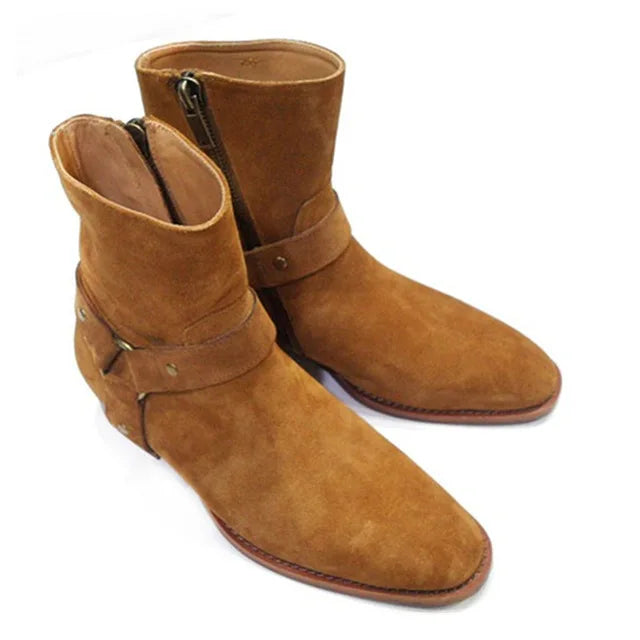 New Brown /Black Suede Leather Shoes Chains Harness Buckle Men Boots Stacked Heel Anke Boots Side Zip Men Fashion Boots Shoes