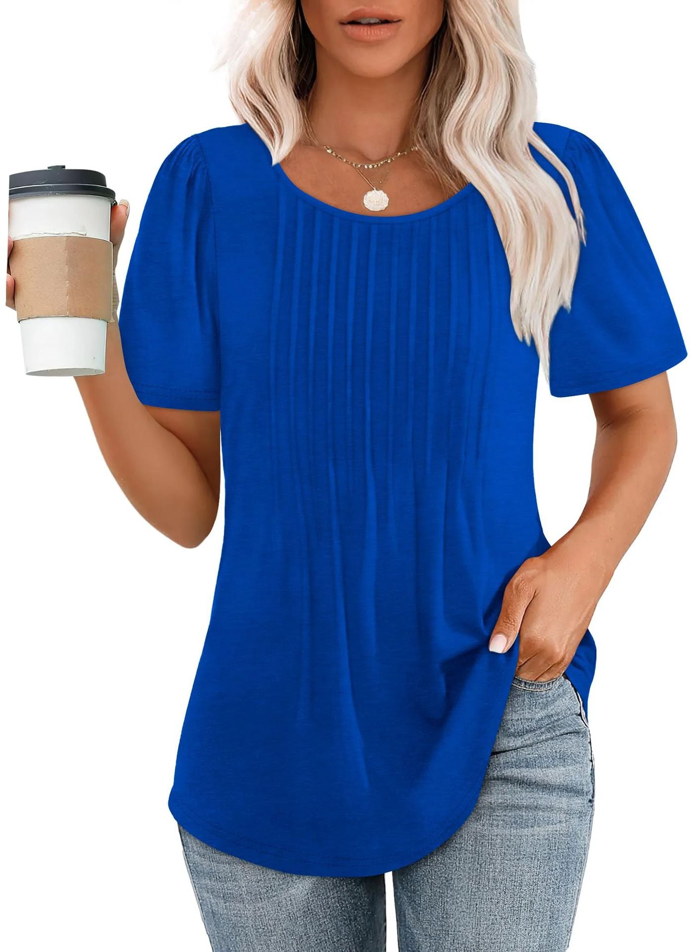 Womens Pleated Round Neck T-Shirt
